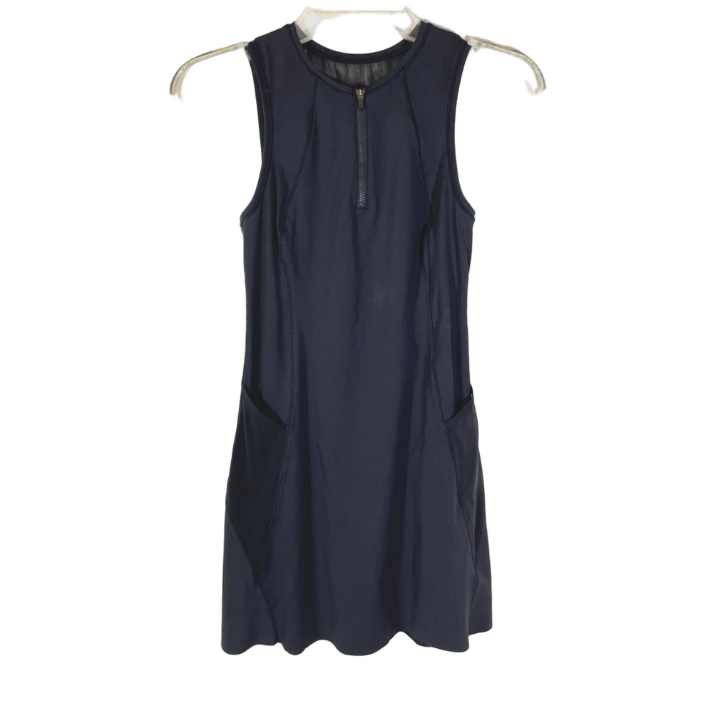 Athleta Match Point Black Tennis Dress Pockets Mesh Back Stretch 1/4 Zip Sz XXS